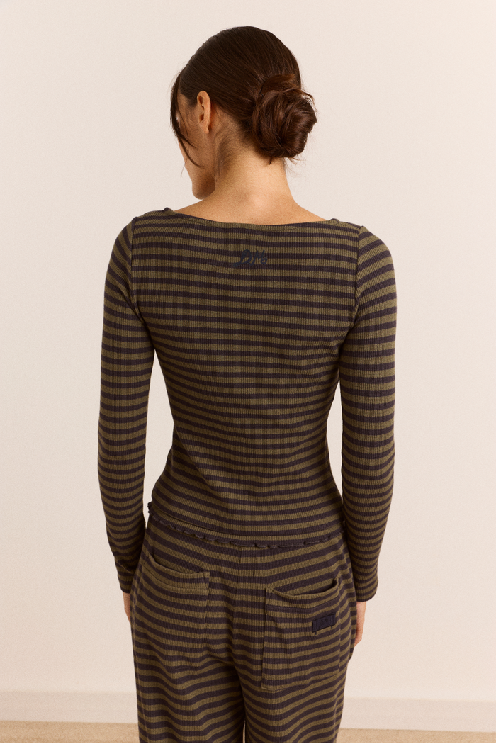 Lizzie Long Sleeve Top - Green/Grey Stripe