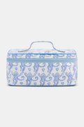 The Roller Rabbit Lovely Monkey Carry All Case is a rectangular, water-resistant cosmetic bag with a light blue zipper and handle, featuring playful blue monkeys and hearts on white—a perfect travel companion for your essentials.