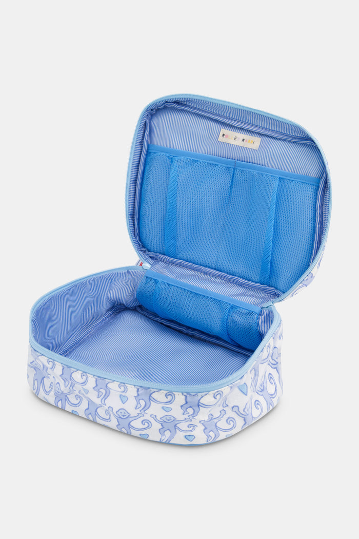 The Roller Rabbit Lovely Monkey Carry All Case is a rectangular, water-resistant cosmetic bag with a light blue zipper and handle, featuring playful blue monkeys and hearts on white—a perfect travel companion for your essentials.