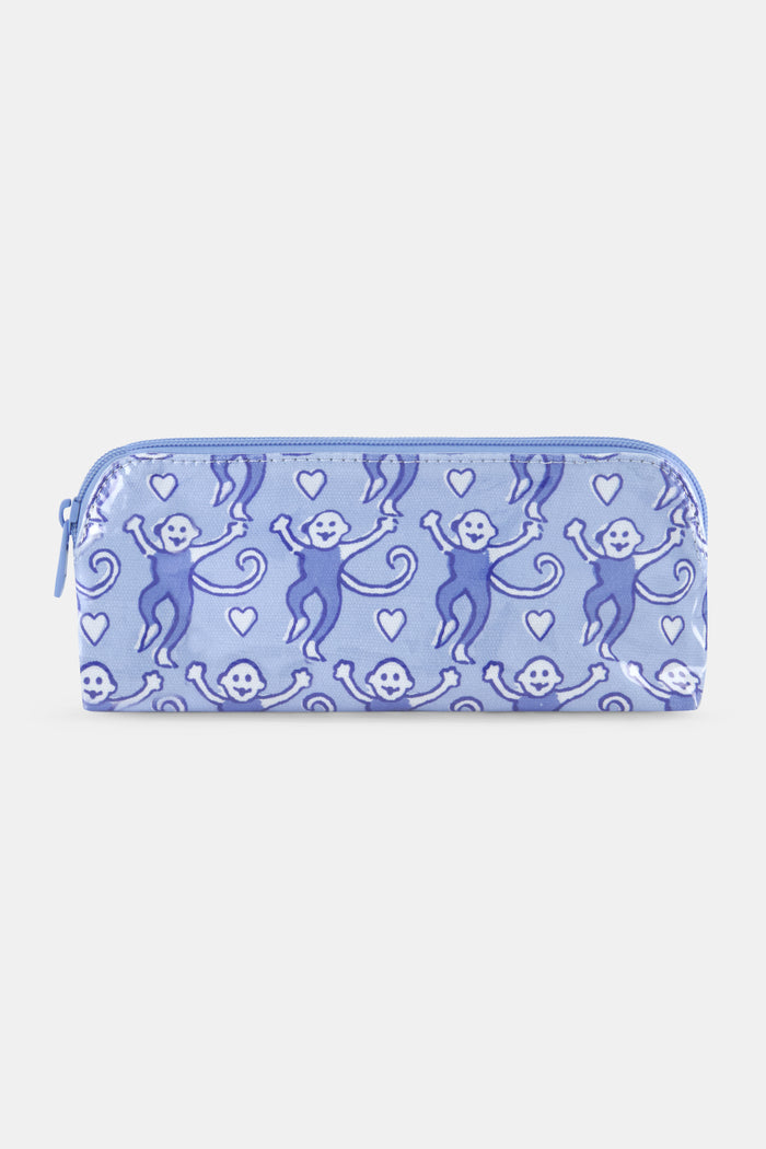 Introducing the Lovely Monkey Makeup Bag by Roller Rabbit—a light purple pouch crafted from water-resistant cotton canvas, adorned with a repeating pattern of playful blue monkeys and small hearts on a crisp white background, artfully presented against a plain white surface.