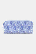 Introducing the Lovely Monkey Makeup Bag by Roller Rabbit—a light purple pouch crafted from water-resistant cotton canvas, adorned with a repeating pattern of playful blue monkeys and small hearts on a crisp white background, artfully presented against a plain white surface.