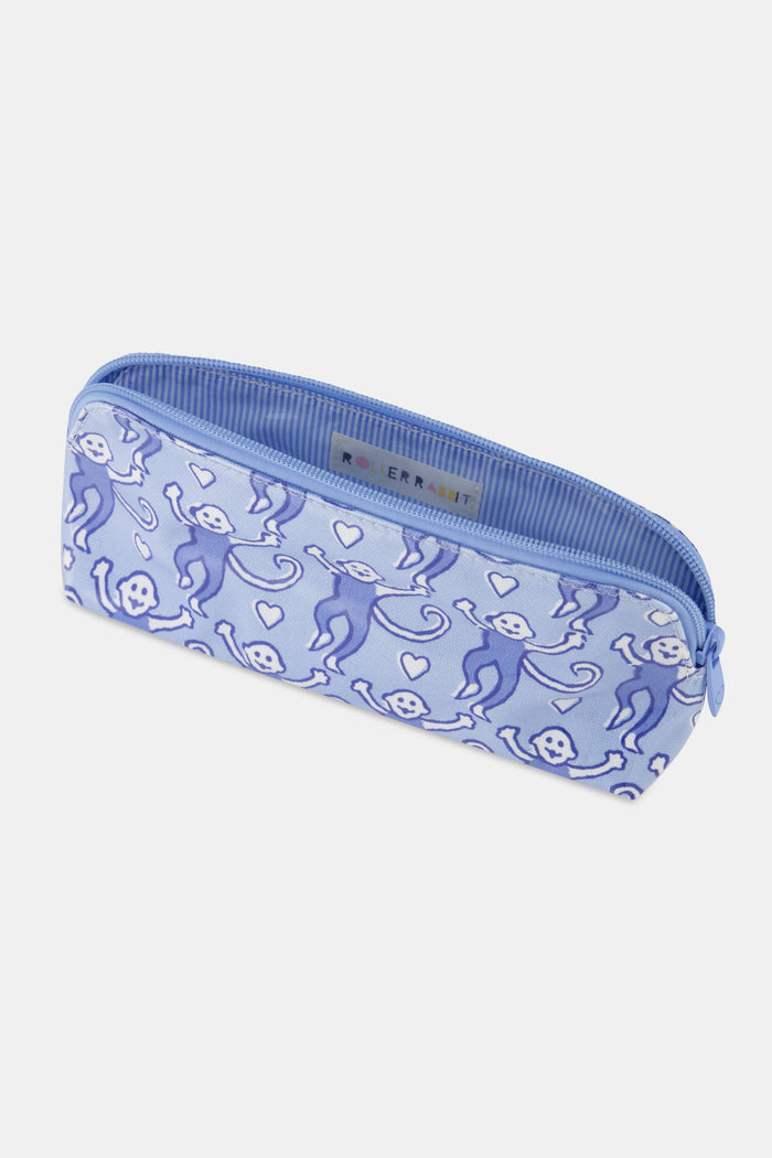 Introducing the Lovely Monkey Makeup Bag by Roller Rabbit—a light purple pouch crafted from water-resistant cotton canvas, adorned with a repeating pattern of playful blue monkeys and small hearts on a crisp white background, artfully presented against a plain white surface.