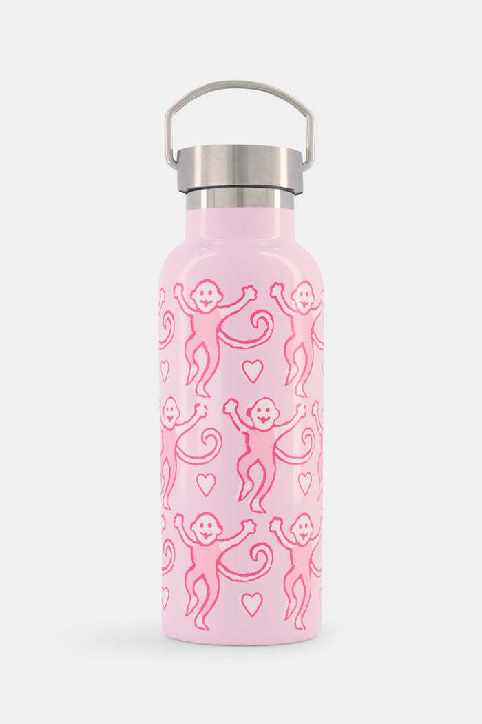 Introducing the Lovely Monkey Water Bottle by Roller Rabbit—a pink stainless steel bottle with a silver cap, featuring a charming repeating pattern of pink monkeys and hearts. Ideal for daily hydration or taking to the gym.