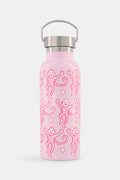 Introducing the Lovely Monkey Water Bottle by Roller Rabbit—a pink stainless steel bottle with a silver cap, featuring a charming repeating pattern of pink monkeys and hearts. Ideal for daily hydration or taking to the gym.