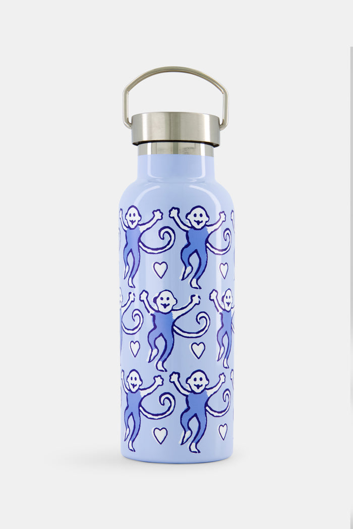 Introducing the Lovely Monkey Water Bottle from Roller Rabbit—a light blue bottle with a metal lid, adorned with a charming pattern of purple and blue cartoon monkeys and tiny white hearts. Designed to fit most cupholders, it's perfect for the gym or for on-the-go hydration.