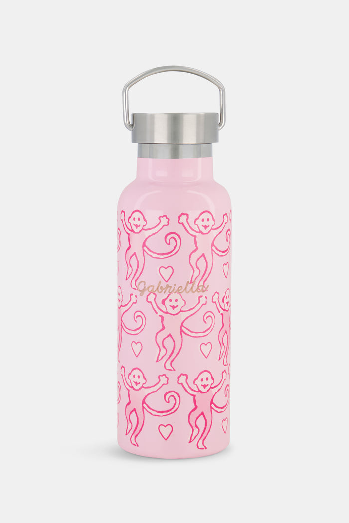 Introducing the Lovely Monkey Water Bottle by Roller Rabbit—a pink stainless steel bottle with a silver cap, featuring a charming repeating pattern of pink monkeys and hearts. Ideal for daily hydration or taking to the gym.