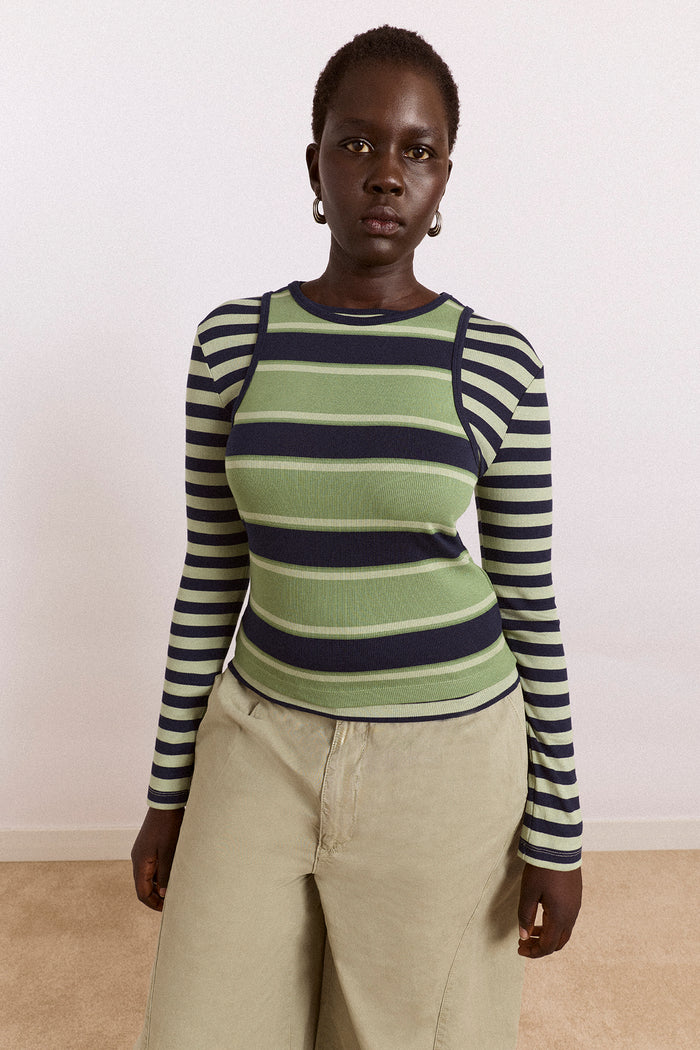 Manon Layered 2 In 1 Top - Green Stripe