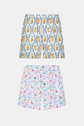 The Roller Rabbit Mens Summer Club/Clementine Trellis Boxer Set includes two soft cotton boxers: one with an orange fruit and branch print, the other with a vibrant beach scene featuring crabs, shells, and sandcastles for all-day comfort.