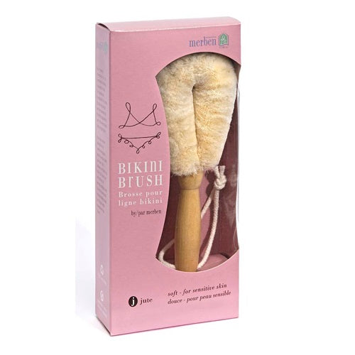 Packaging of Merben Bikini Dry Brush with a pink and white color scheme, featuring a soft bristled brush on a varnished pinewood handle, tied with a jute string.