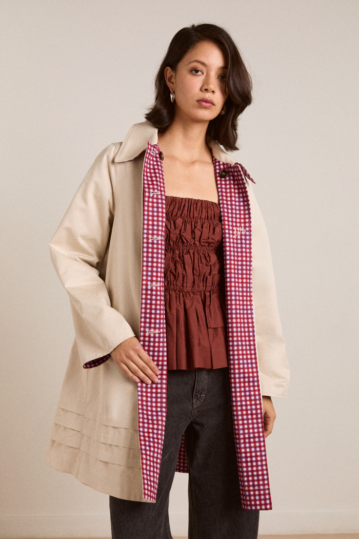 Mercedes Bow Reversible Trench - Gingham & Ecru