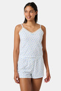 Mini Monkey Blossom Perry Cami by Roller Rabbit, featuring a blue floral print with delicate lace trim at the neckline and thin adjustable shoulder straps, crafted from a soft cotton-modal blend, displayed on a plain light background.