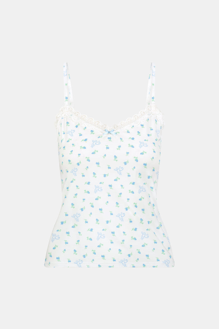 Mini Monkey Blossom Perry Cami by Roller Rabbit, featuring a blue floral print with delicate lace trim at the neckline and thin adjustable shoulder straps, crafted from a soft cotton-modal blend, displayed on a plain light background.