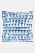 The Roller Rabbit Monkey Decorative Pillow features a white background with a repeating blue monkey and green leaf pattern, finished with a blue piped edge. This cotton pillow adds playful charm to any space.