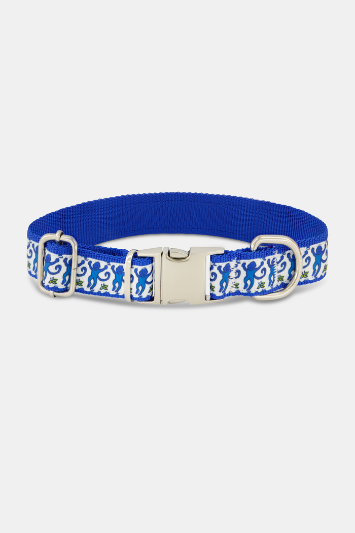 The Roller Rabbit Monkey Dog Collar is a blue nylon collar with a silver buckle and D-ring, featuring a white ribbon with blue monkeys and green plants—perfect to pair with a matching leash.