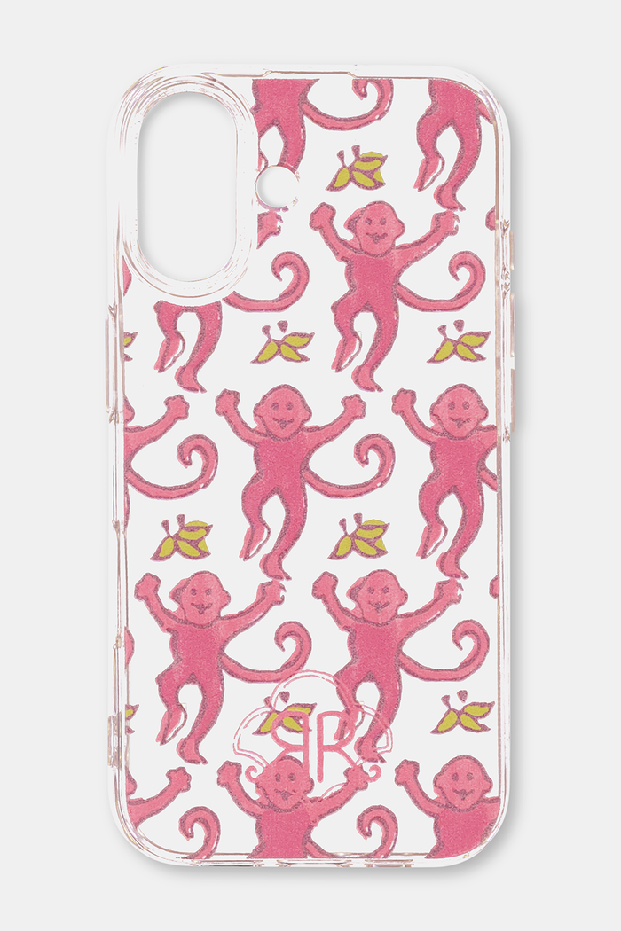 The Roller Rabbit Monkey iPhone Case features a clear design with a playful repeat pattern of pink monkeys and yellow bananas, with smiling monkeys striking fun poses.