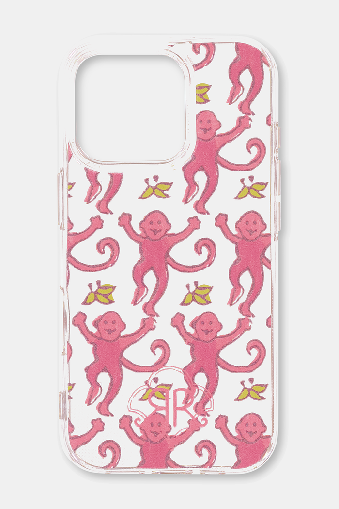 The Roller Rabbit Monkey iPhone Case features a clear design with a playful repeat pattern of pink monkeys and yellow bananas, with smiling monkeys striking fun poses.