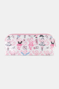 The Monkey Pirouette Makeup Bag by Roller Rabbit is a white cotton canvas cosmetic pouch adorned with pink monkeys dancing alongside ballerinas and scattered musical notes.