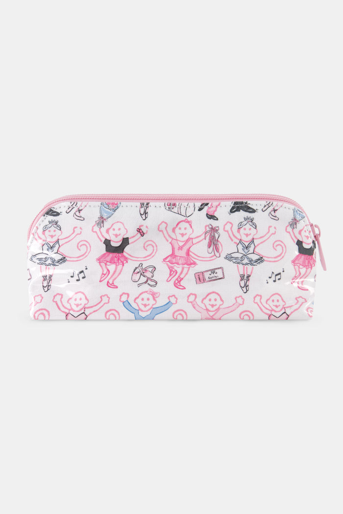 The Monkey Pirouette Makeup Bag by Roller Rabbit is a white cotton canvas cosmetic pouch adorned with pink monkeys dancing alongside ballerinas and scattered musical notes.