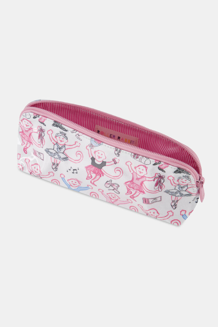 The Monkey Pirouette Makeup Bag by Roller Rabbit is a white cotton canvas cosmetic pouch adorned with pink monkeys dancing alongside ballerinas and scattered musical notes.