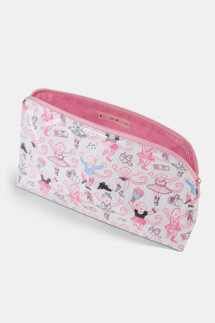 The Monkey Pirouette Makeup Bag by Roller Rabbit is a white cotton canvas cosmetic pouch adorned with pink monkeys dancing alongside ballerinas and scattered musical notes.
