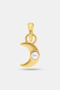 The MADISON 501 Moon Charm is a crescent moon-shaped enamel pendant with 14K gold covered brass and a small, round white pearl near the center, shown against a plain white background.