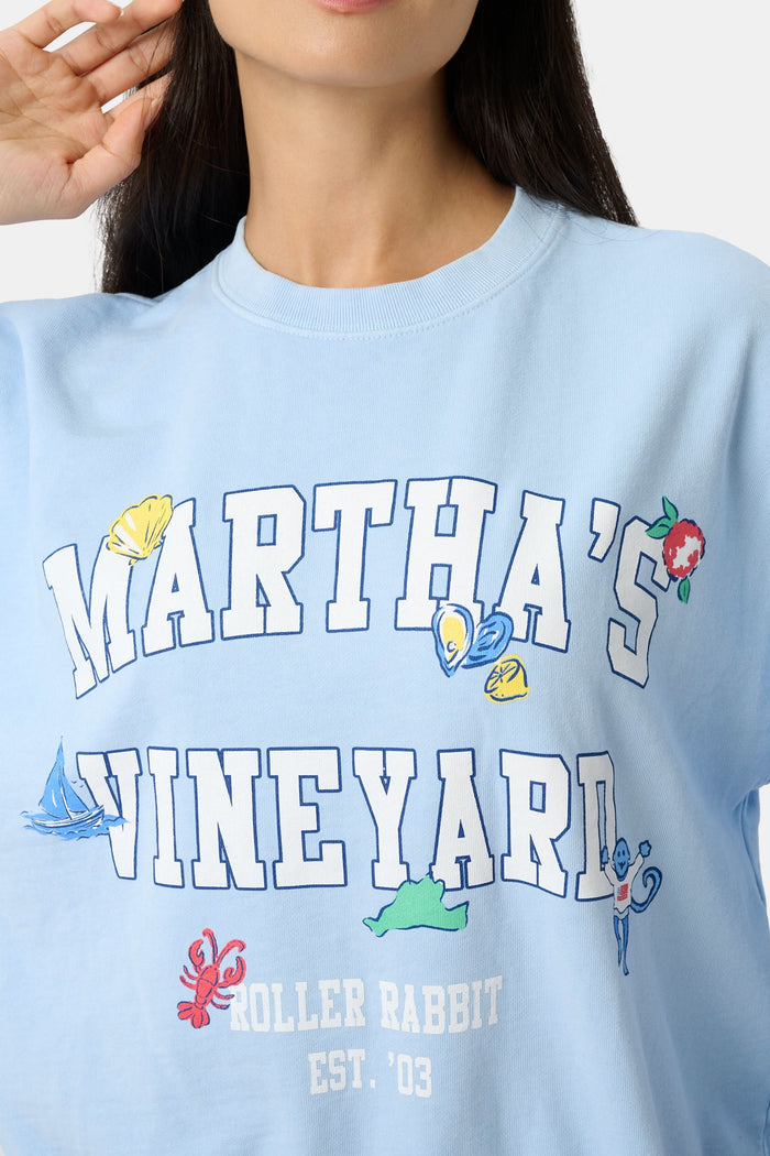 Light blue sweatshirt with 'Martha's Vineyard' text and graphics on a white background