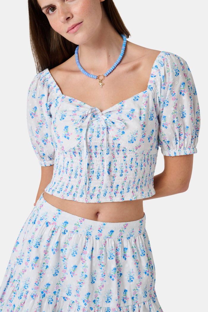 Two women in light blue and white skirts and blouses, one wearing the Roller Rabbit Naia Floral Stripe Fleet Skirt with a ruffle hemline, reach for books on a library shelf, standing side by side with their backs to the camera.