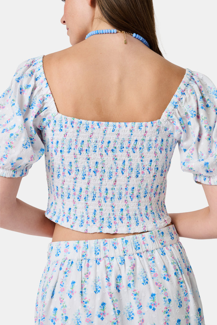 Two women in light blue and white skirts and blouses, one wearing the Roller Rabbit Naia Floral Stripe Fleet Skirt with a ruffle hemline, reach for books on a library shelf, standing side by side with their backs to the camera.