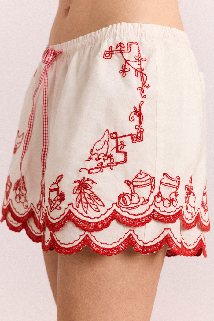 Natalina Short - White With Red Embroidery