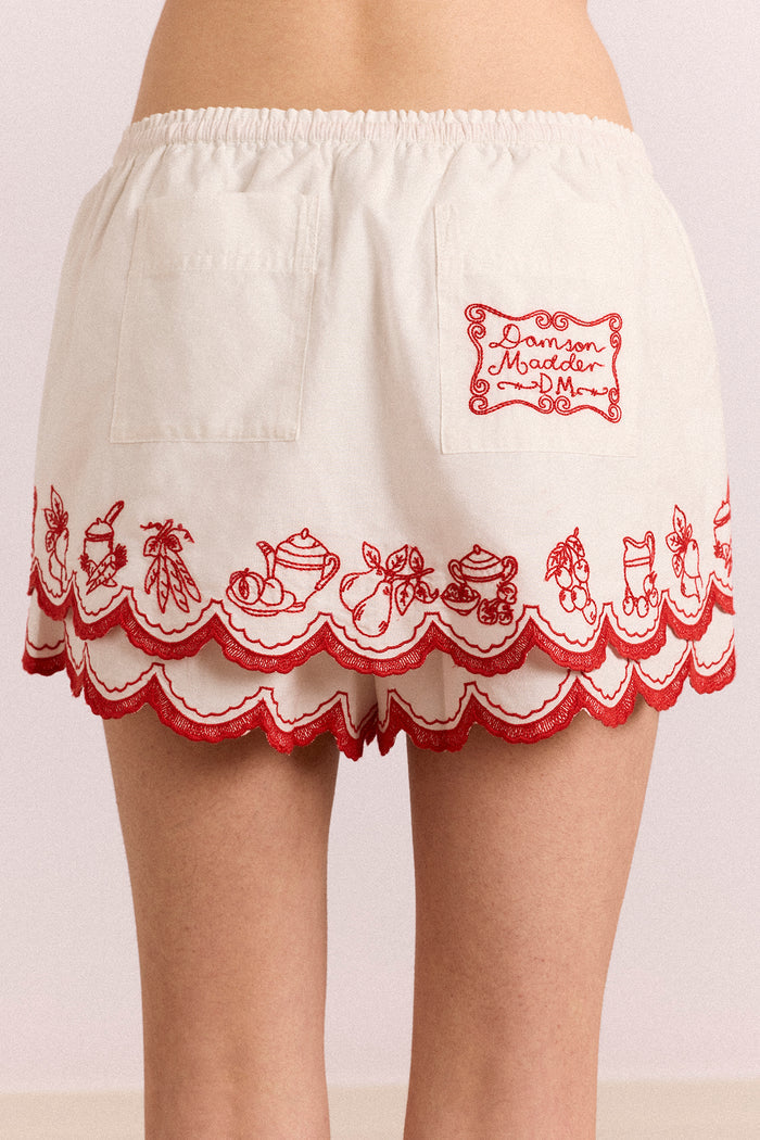 Natalina Short - White With Red Embroidery