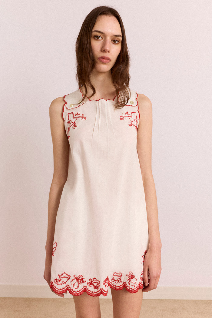 Natalina Wrap Mini Dress - White With Red Embroidery