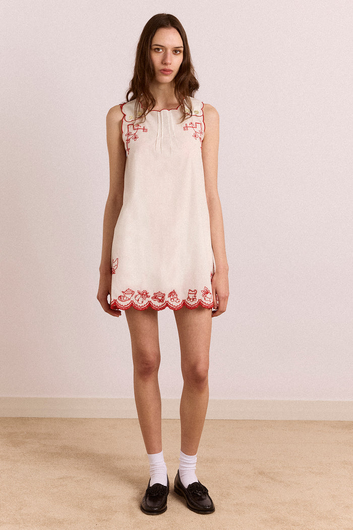Natalina Wrap Mini Dress - White With Red Embroidery