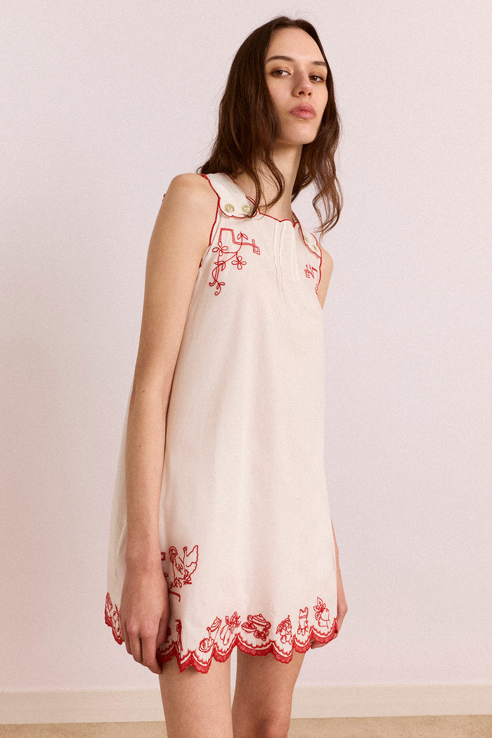 Natalina Wrap Mini Dress - White With Red Embroidery