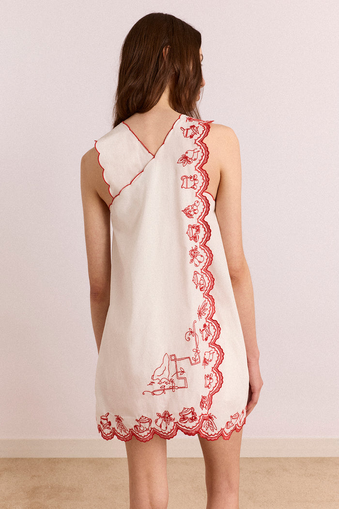 Natalina Wrap Mini Dress - White With Red Embroidery