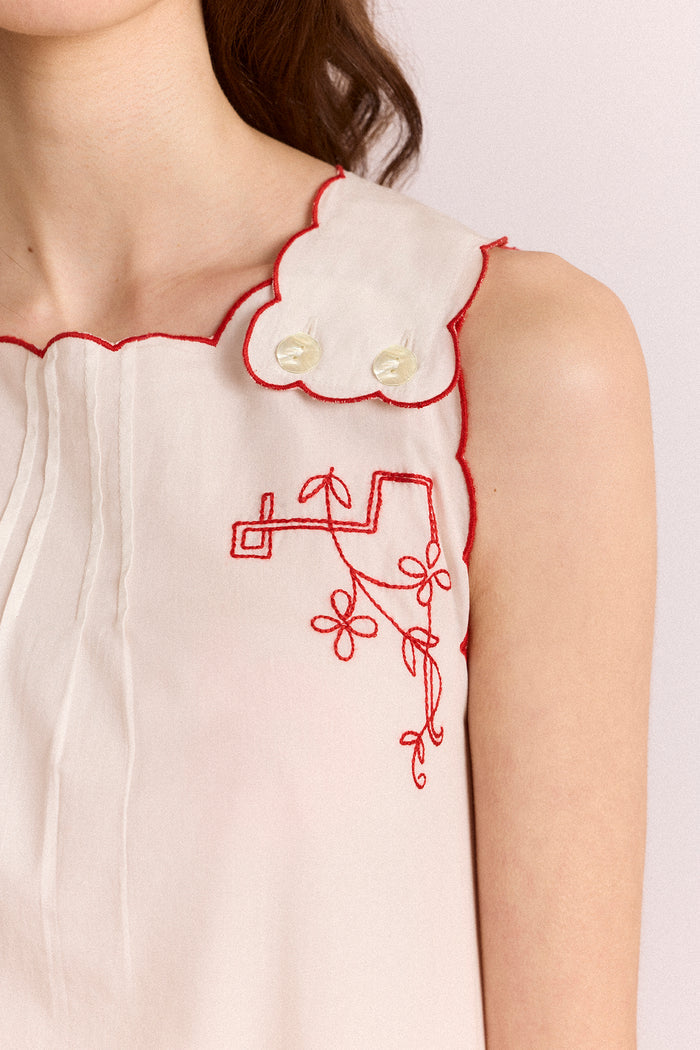 Natalina Wrap Mini Dress - White With Red Embroidery