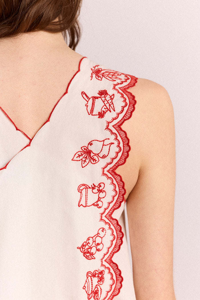 Natalina Wrap Mini Dress - White With Red Embroidery