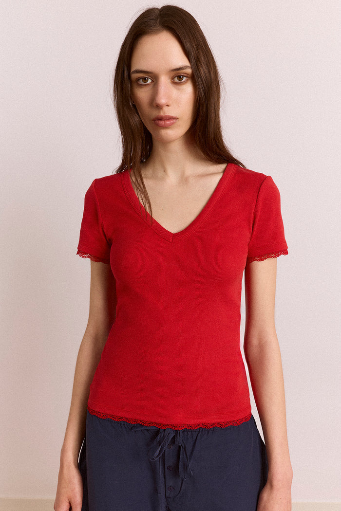 Paige V-Neck Tee - Red