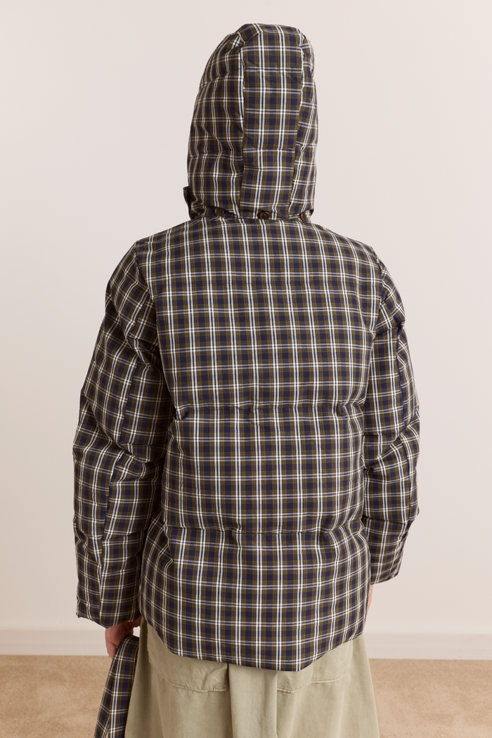 Pearl Hooded Puffer - Navy & Green Check