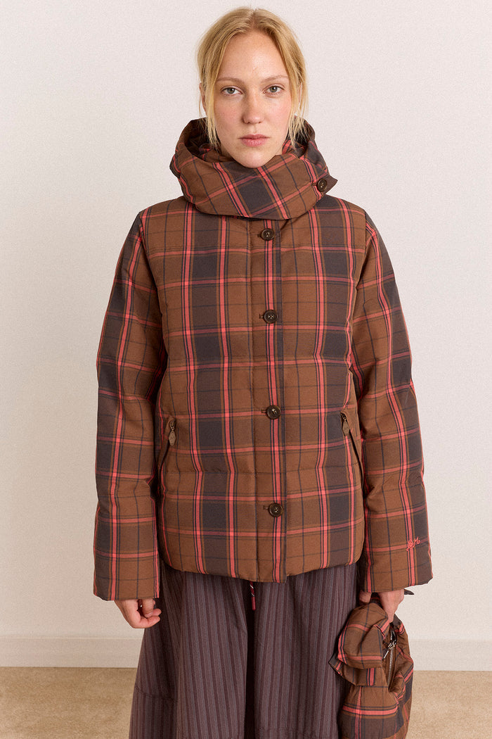 Pearl Hooded Puffer - Toffee Check
