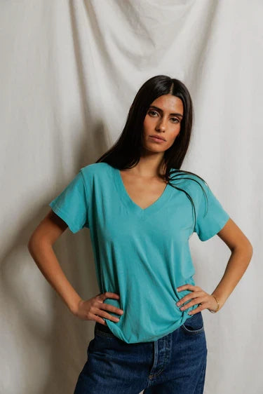 perfectwhitetee- short sleeve v-neck tee - teal blue
