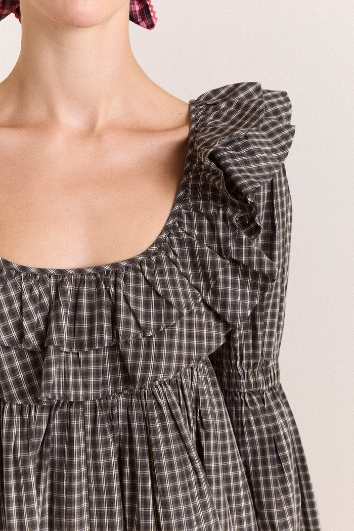 Pheonix Ruffle Mini Dress - Navy Green Check