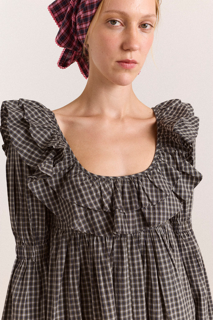 Pheonix Ruffle Mini Dress - Navy Green Check