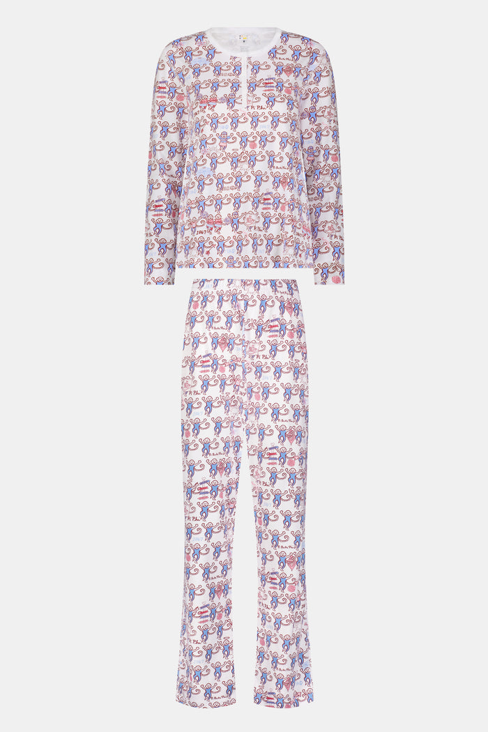 The Roller Rabbit Pi Beta Phi Monkey Pajamas are a long-sleeve set featuring a Henley top and pants, both adorned with a repeating red and blue monkey print on a white background. Made from soft Pima cotton, these pajamas are lightweight and comfortable.