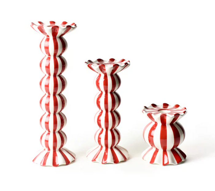 Red Stripe knobbed Candle Holder with Ruffle - 3 Sizes
