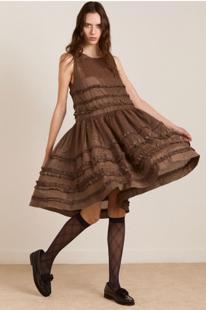 Reed Ruffle Mini Dress - Sheer Choc
