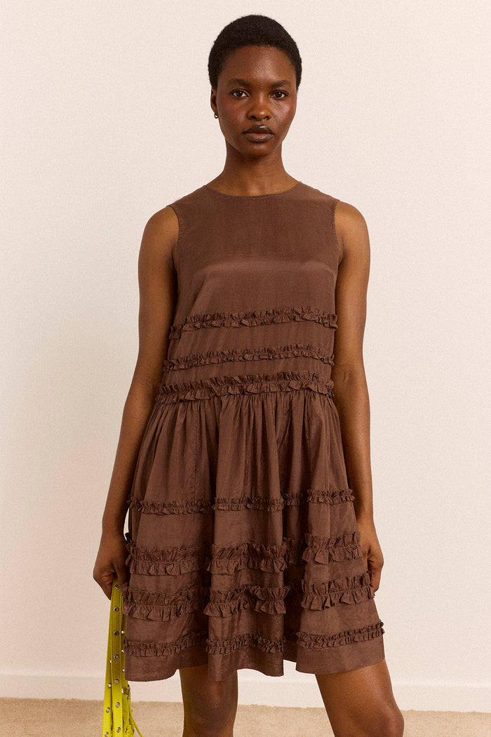 Reed Ruffle Mini Dress - Sheer Choc