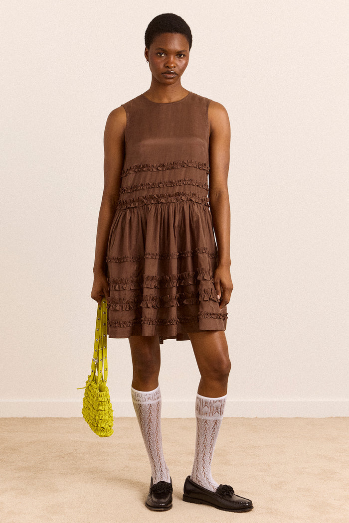 Reed Ruffle Mini Dress - Sheer Choc
