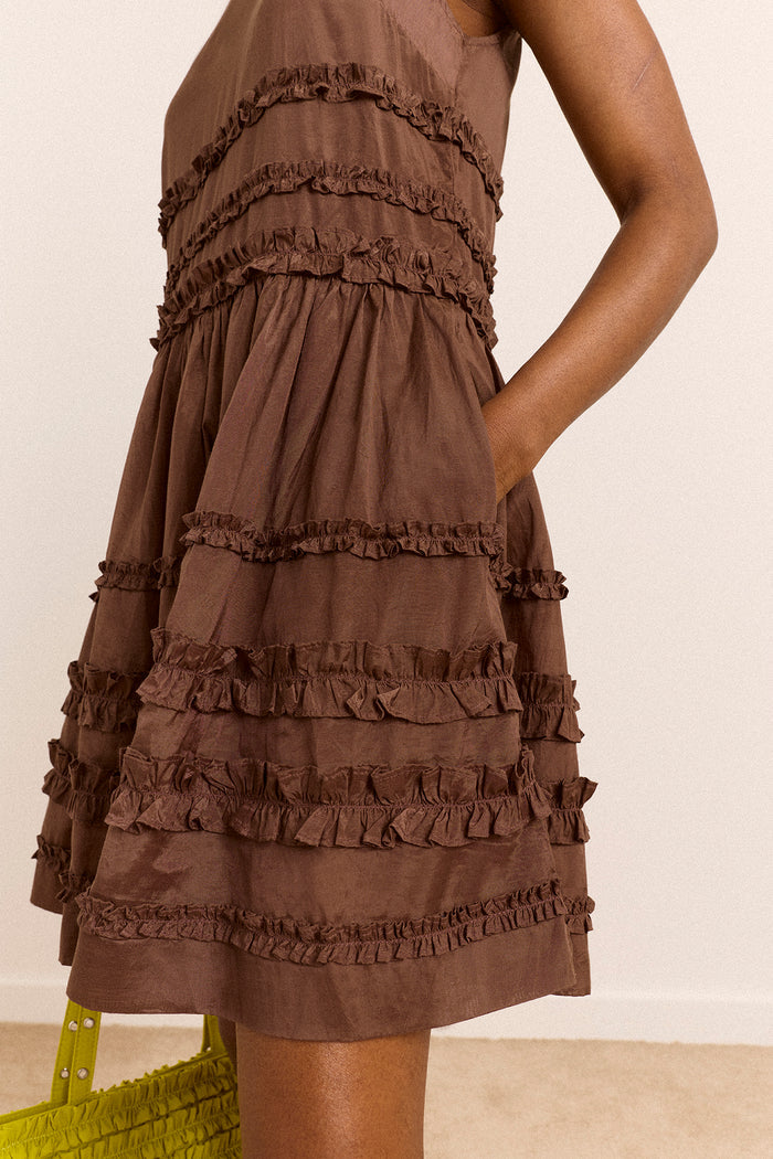 Reed Ruffle Mini Dress - Sheer Choc