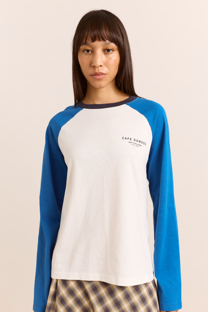 Rowen Shrunken Raglan Graphic Tee - Blue/White