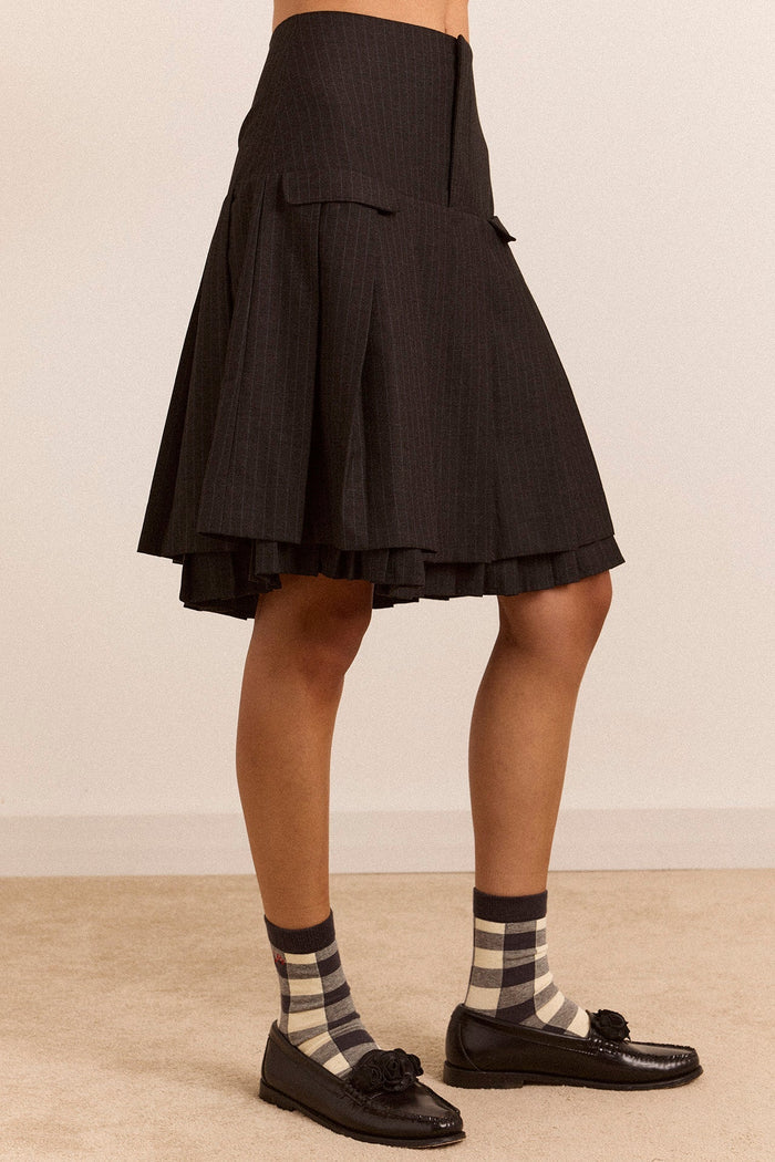 Savannah Double Layered Skirt - Charcoal Pinstripe